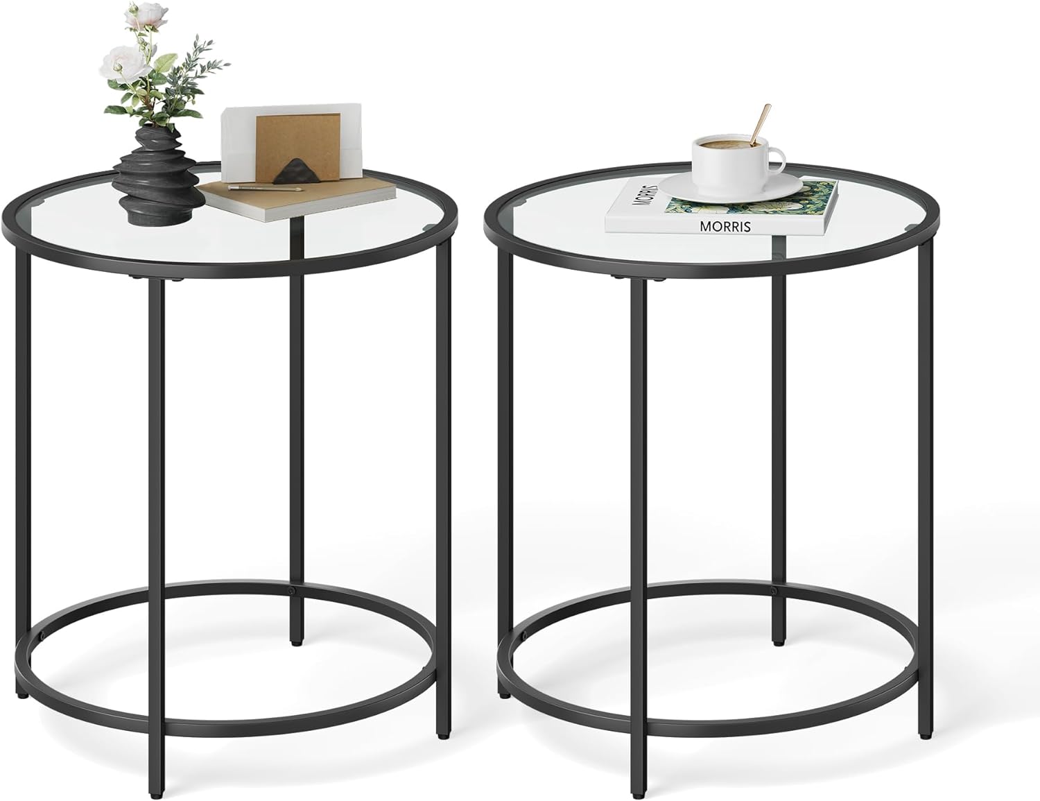 VASAGLE Round Side Tables, Set of 2, Glass End Tables with Metal Frame, Black Coffee Tables with Modern Style, for Living Room, Balcony, Bedroom, Black