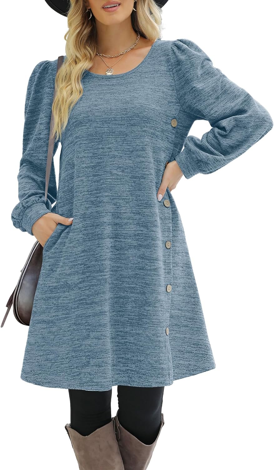 XIEERDUO Women' Long Sleeve Dresses Button Side Scoop Neck Fall Dress Tunic with Pockets