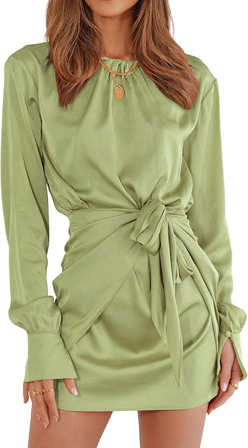 XIEERDUO Long Sleeve Dress for Women Ruched Crewneck Tie Waist Satin Mini Dress