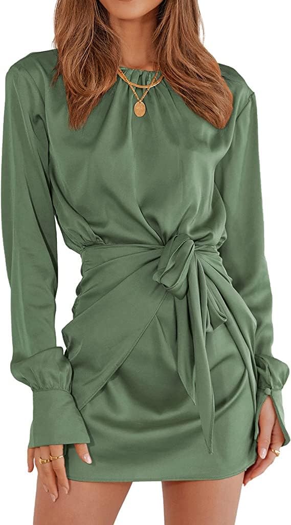 XIEERDUO Long Sleeve Dress for Women Ruched Crewneck Tie Waist Satin Mini Dress