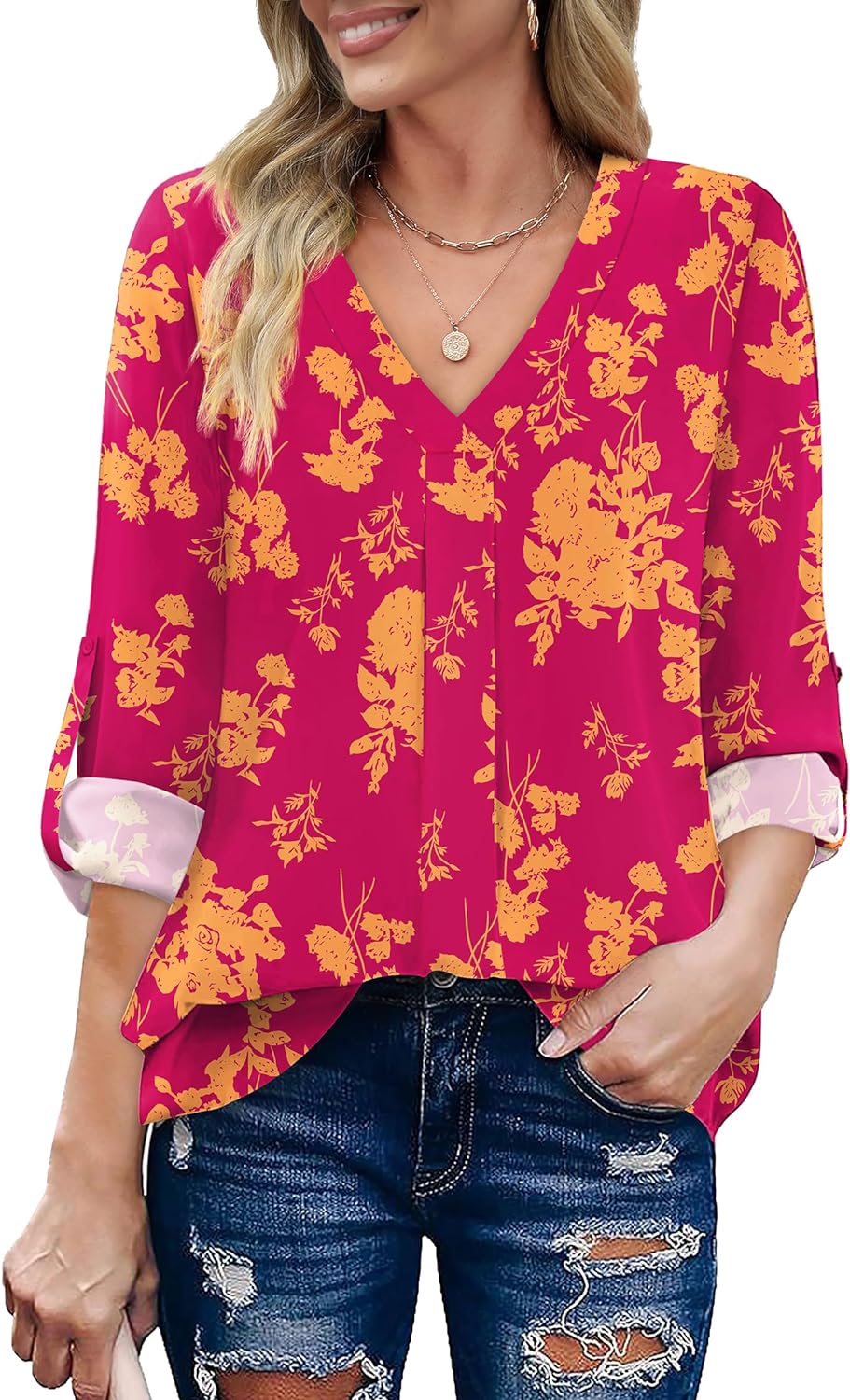 XIEERDUO 3/4 Sleeve Blouses for Women Business Casual V Neck Chiffon Shirts Tops