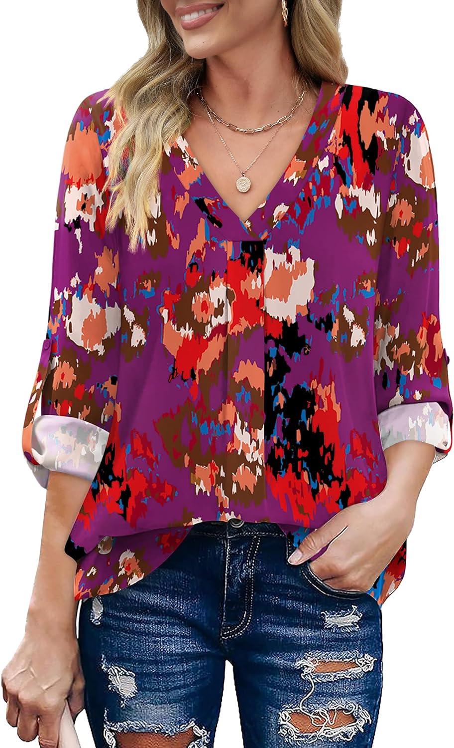 XIEERDUO 3/4 Sleeve Blouses for Women Business Casual V Neck Chiffon Shirts Tops