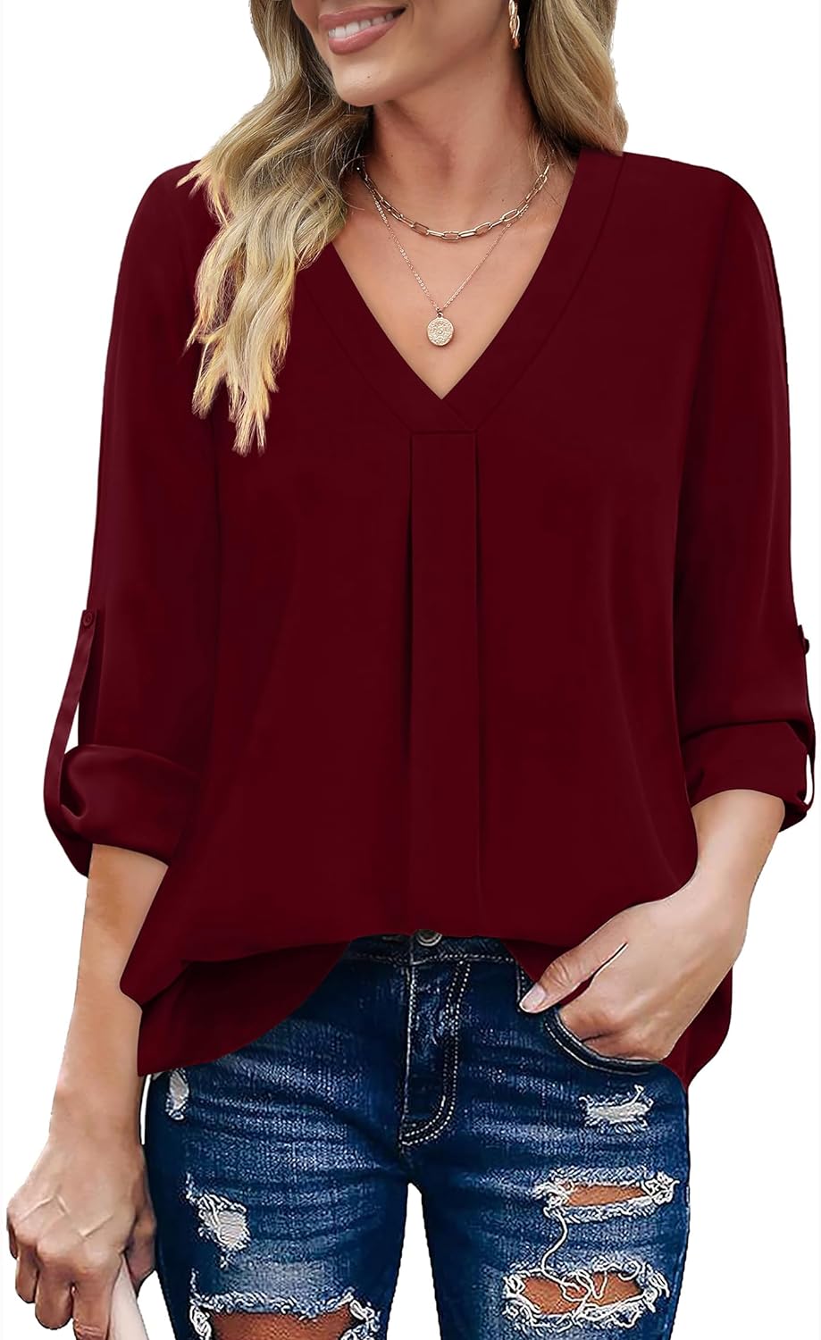 XIEERDUO 3/4 Sleeve Blouses for Women Business Casual V Neck Chiffon Shirts Tops