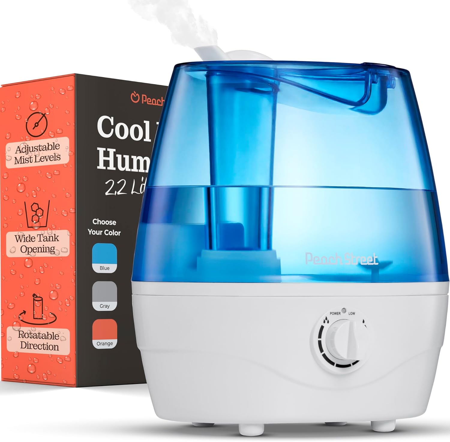 Cool Mist Humidifiers for Bedroom - 2.2L Water Tank, Baby, Office, Quiet Ultrasonic Air Vaporizer, Adjustable Mist Level, 360 Nozzle Rotation, Auto-Shut Off, Large Area Humidifier Easy Fill and Clean