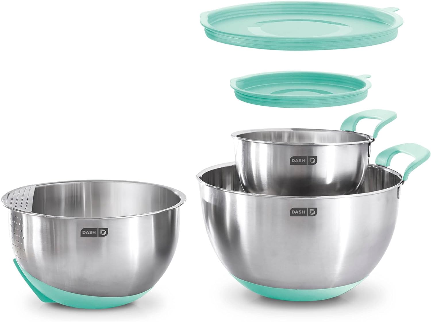 DASH Stainless Steel Mixing Bowls with Lids, Silicone Non-Slip Base with Measuring Lines and Strainer, 3 Bowl Set - 1.5 Quart, 3 Quart, & 5 Quart - Aqua