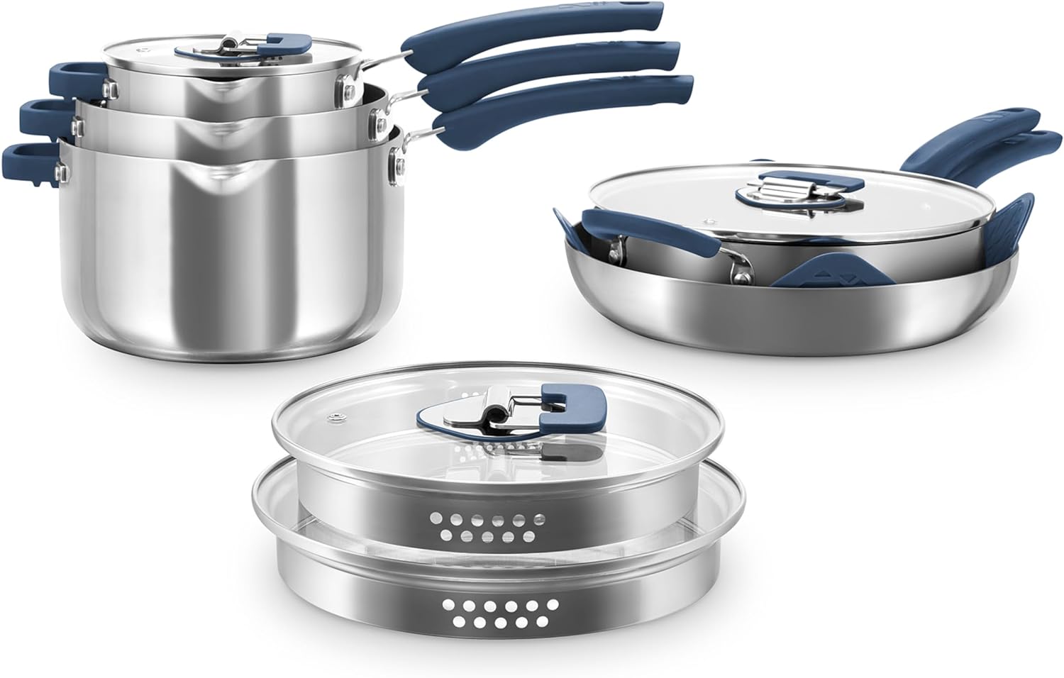 Zakarian by Dash TruPro 10 Piece Nonstick Stainless Steel Cookware Set with Straining Lids- Blue