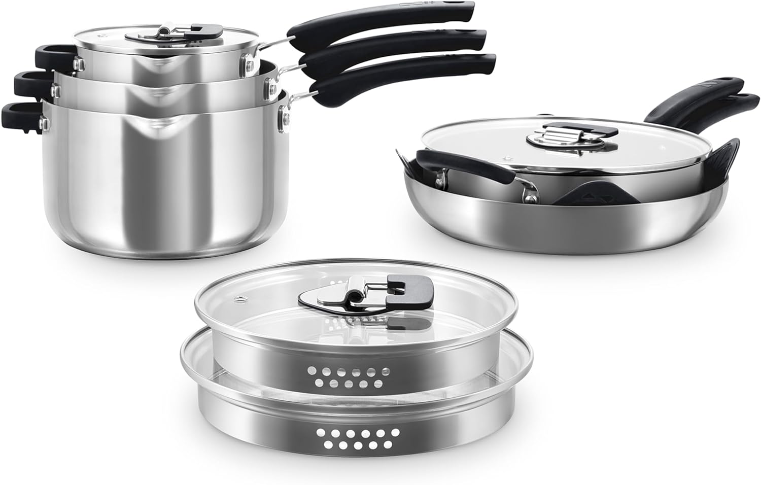 Zakarian by Dash TruPro 10 Piece Nonstick Stainless Steel Cookware Set with Straining Lids- Black