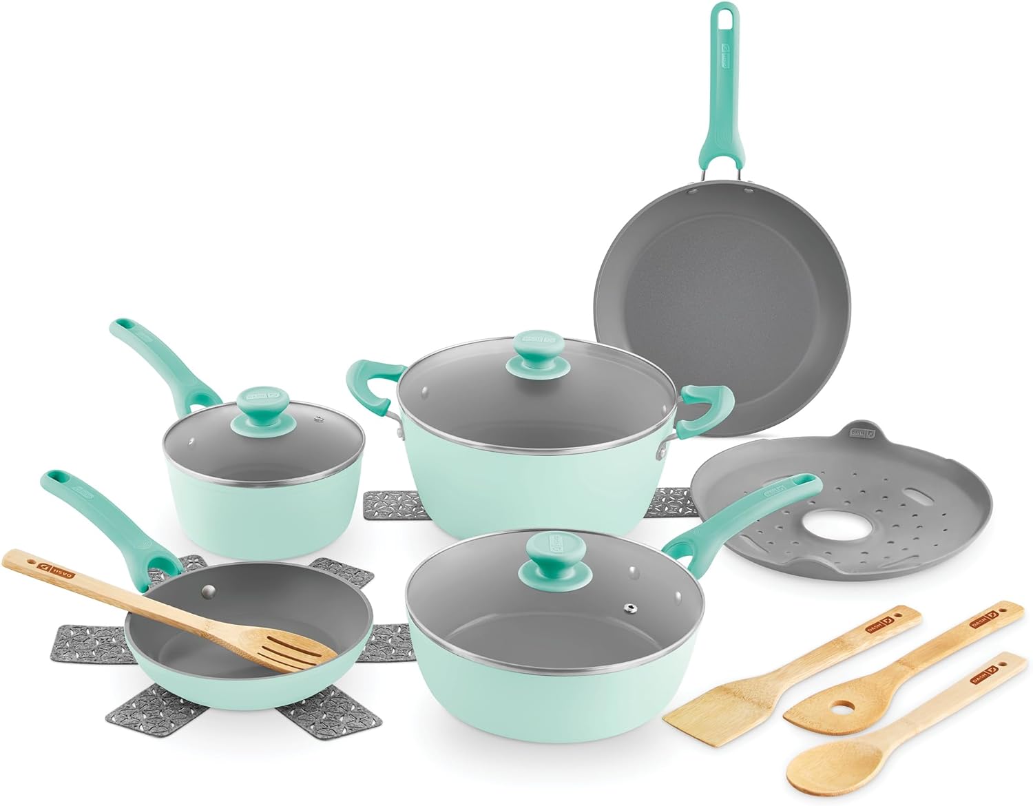 DASH Dream Green Ceramic Recycled Aluminum 15 Piece Cookware Set- Aqua