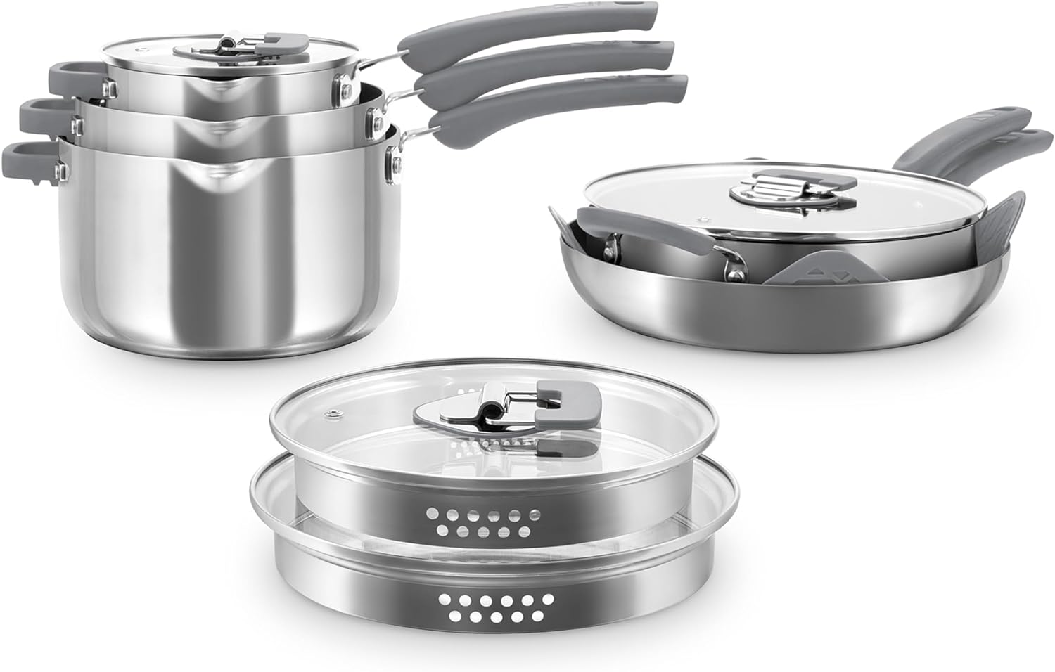 Zakarian by Dash TruPro 10 Piece Nonstick Stainless Steel Cookware Set with Straining Lids- Grey