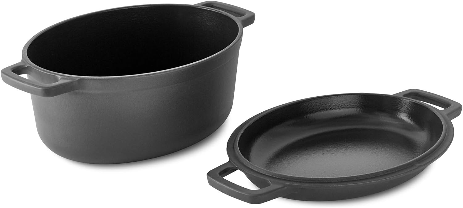 DASH Zakarian by Dash 6 Qt Nonstick Cast Iron Double Dutch Oven, Oval Pot with 2-in-1 Skillet Lid, Black