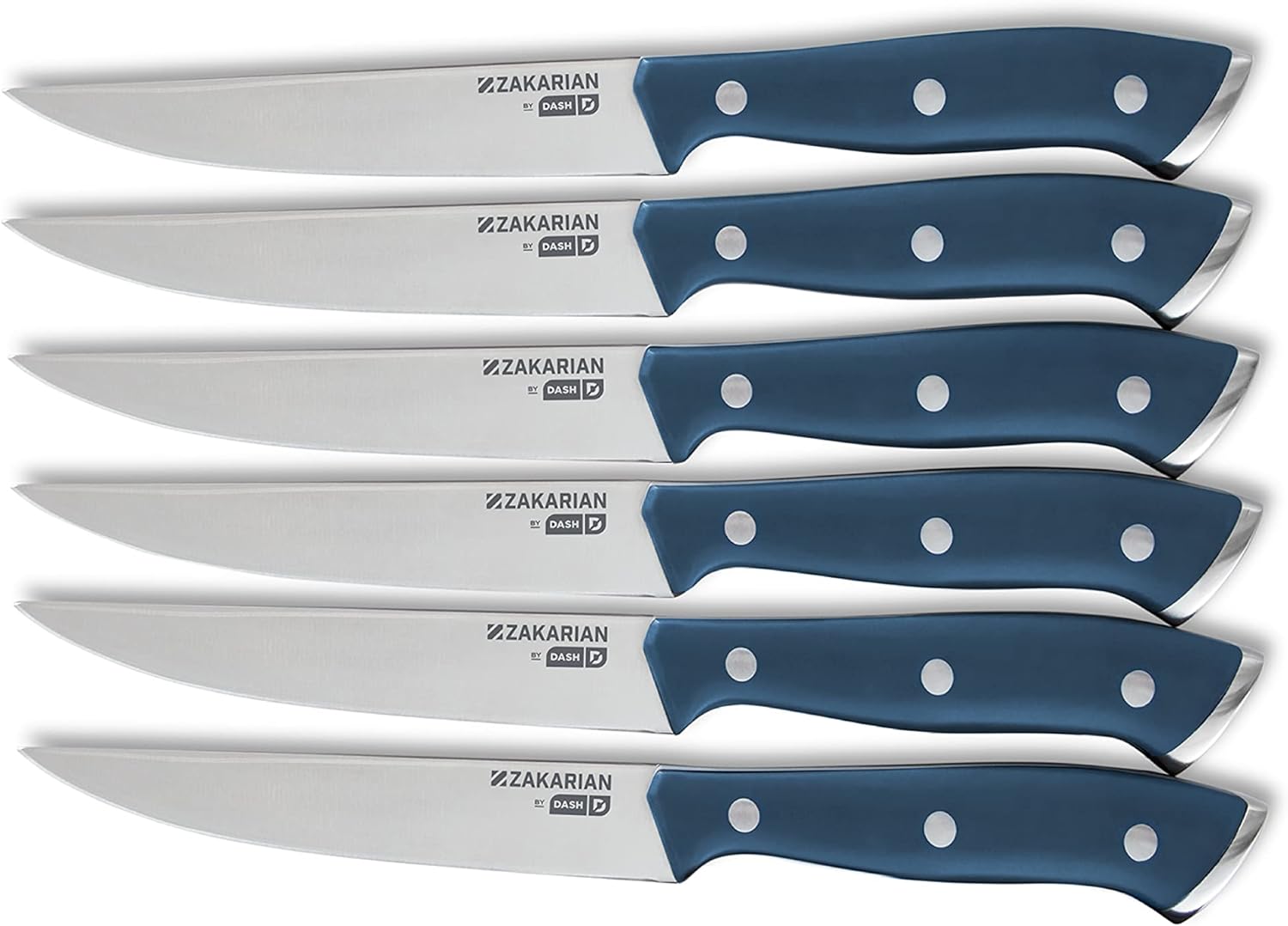 DASH Zakarian 6-Piece Steak Knife Set, Non-Serrated Full Tang German Steel Blade, Blue