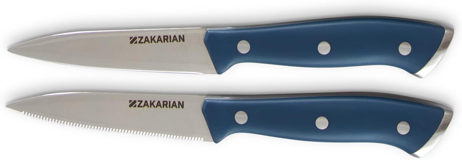 Zakarian by Dash 2 Piece Chef Grade German Steel Paring Knife Set with Smooth and Serrated Blades for Chopping, Dicing, Mincing, Slicing and More  Blue