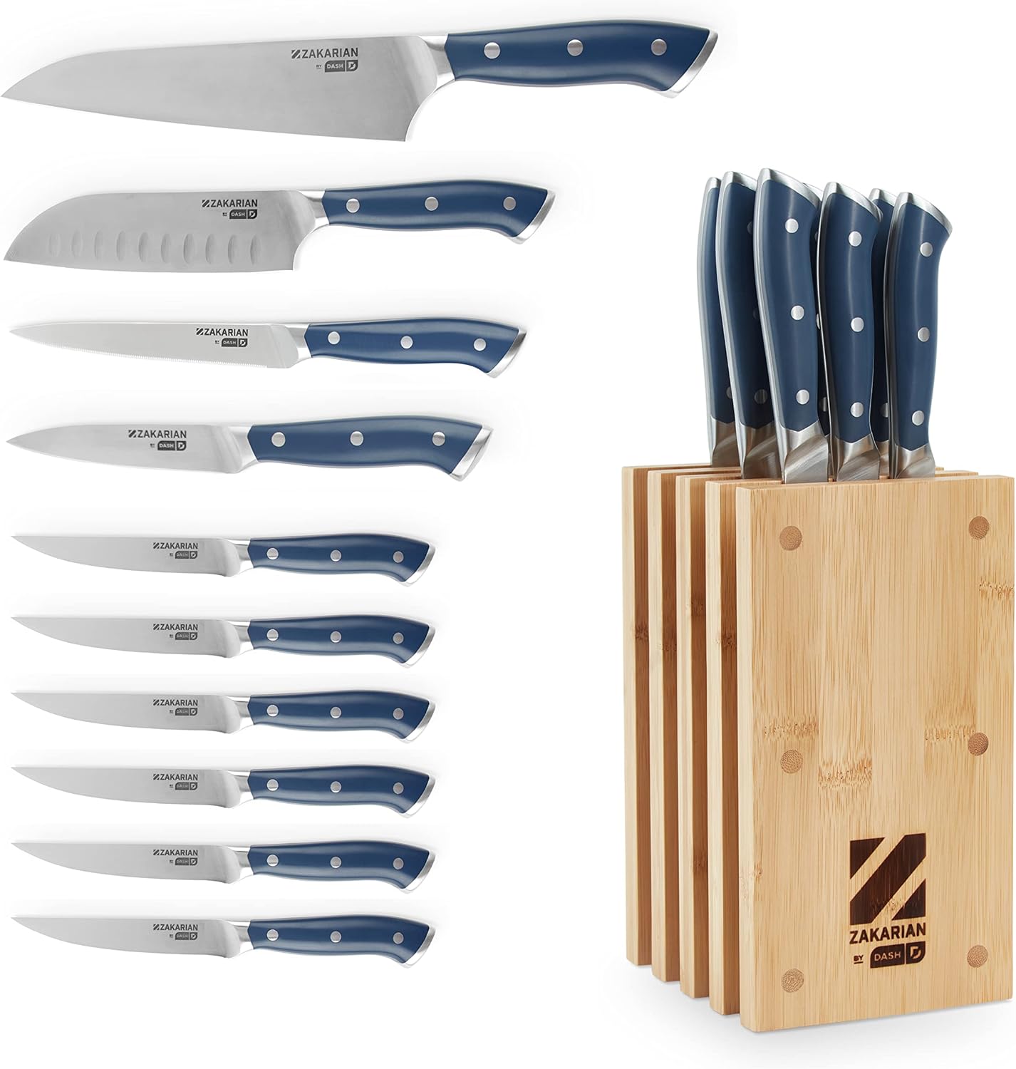 DASH Zakarian by DASH 11-Piece German Steel Kitchen Knife Set with 7 Chef, 5 Santoku, 5 Serrated Utility, 3.5 Paring, 6 Steak Knives and Magnetic Bamboo Knife Block, Blue