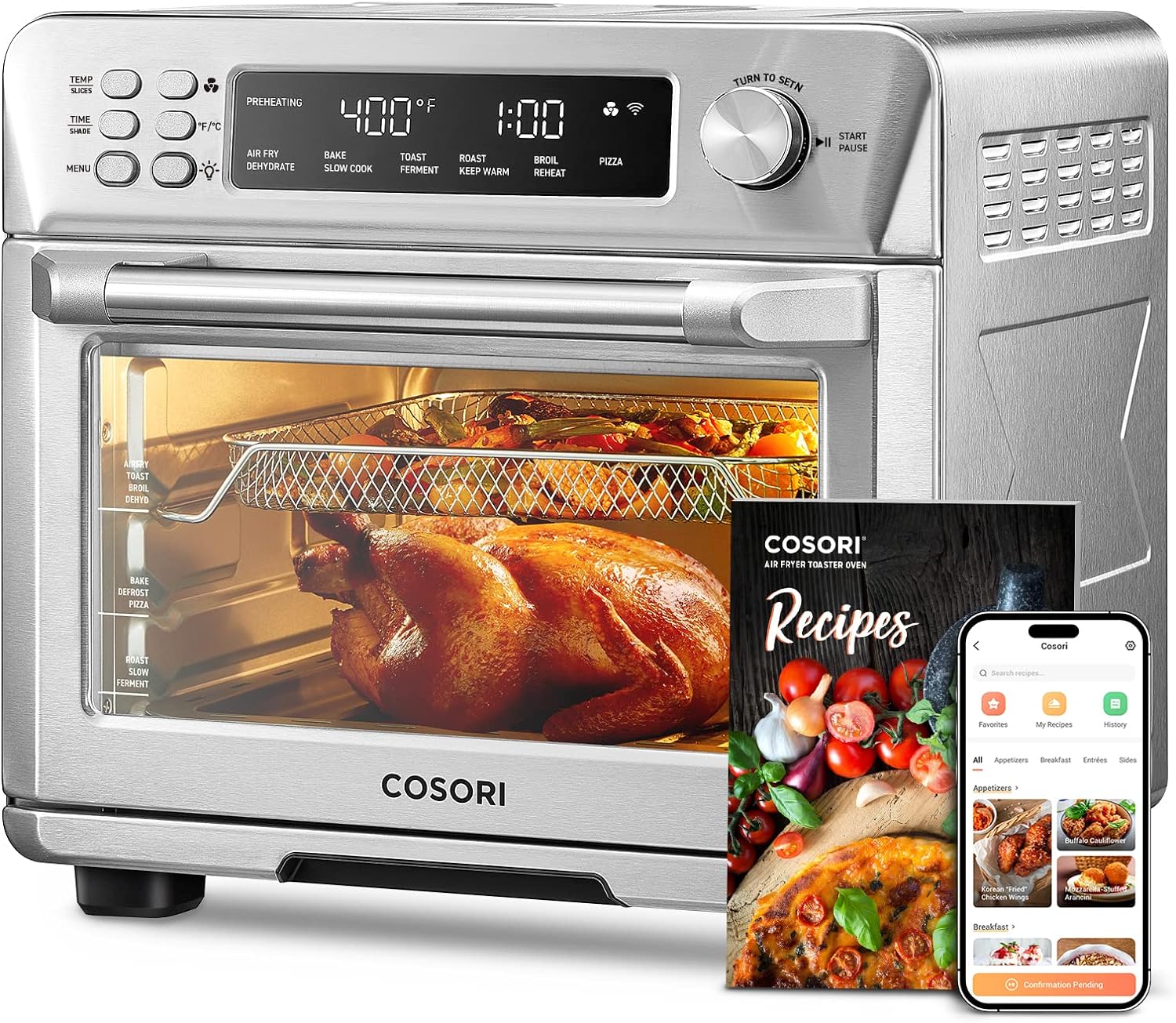 COSORI Smart 12-in-1 Air Fryer Toaster Oven Combo, Airfryer Convection Oven Countertop, Bake, Roast, Reheat, Broiler, Dehydrate, 75 Recipes & 3 Accessories, 26QT, Silver-Stainless Steel