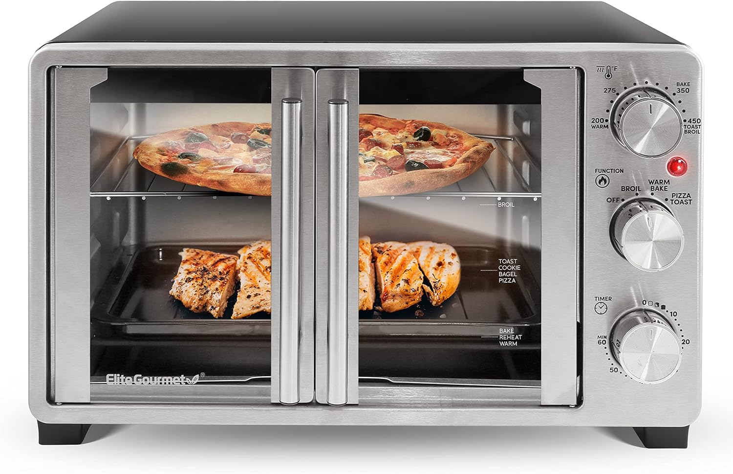 Elite Gourmet ETO2530M Double French Door Countertop Toaster Oven, Bake, Broil, Toast, Keep Warm, Fits 12 pizza, 25L capacity, Stainless Steel & Black