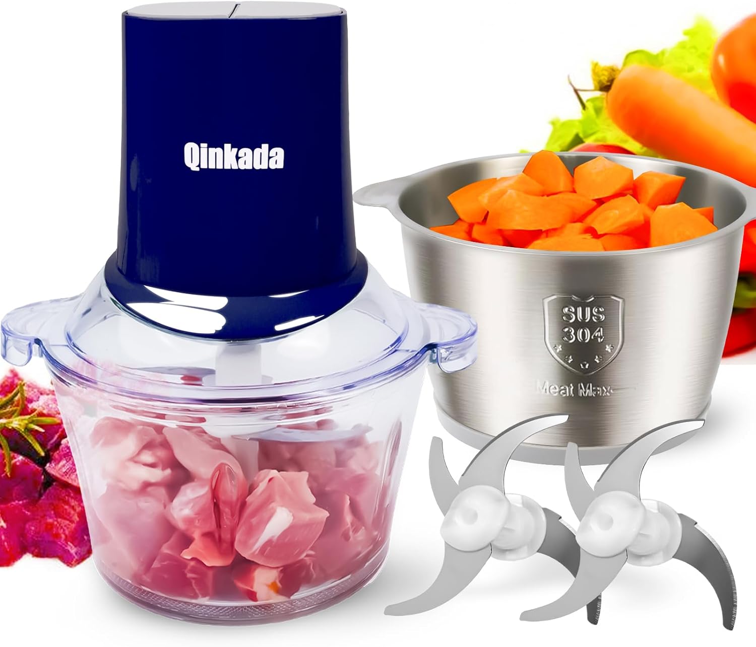 Qinkada Food Processors with 2 Bowls, 400W Meat Grinder, Food Chopper Electric, 2 Speed, 8Cup Glass and 8Cup 304 Stainless Steel, 2 Blades, Spatula Blue