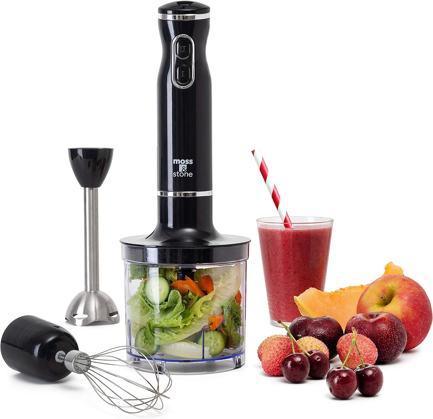 Moss & Stone Hand Blender Electric With Egg Whisk & Chopper, Powerful 300 Watt Immersion Hand Blender Set, Hand Mixer Set Stainless Steel Shaft & Blades, Black Handheld Blender With Ergonomic Handle