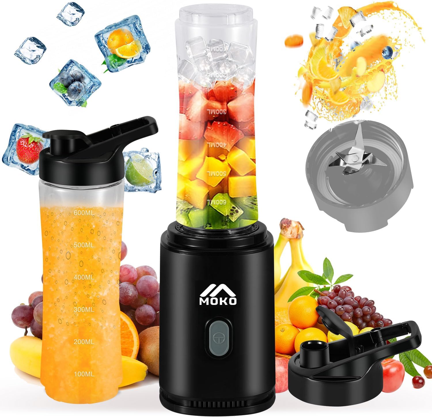 MoKo Countertop Blender for Kitchen for Smoothies/ice, Portable Blenders Personal Size with 22 OZ BPA Free Travel Cup and Lid, 6 Stainless Steel Blades for Powerful Blending, Black