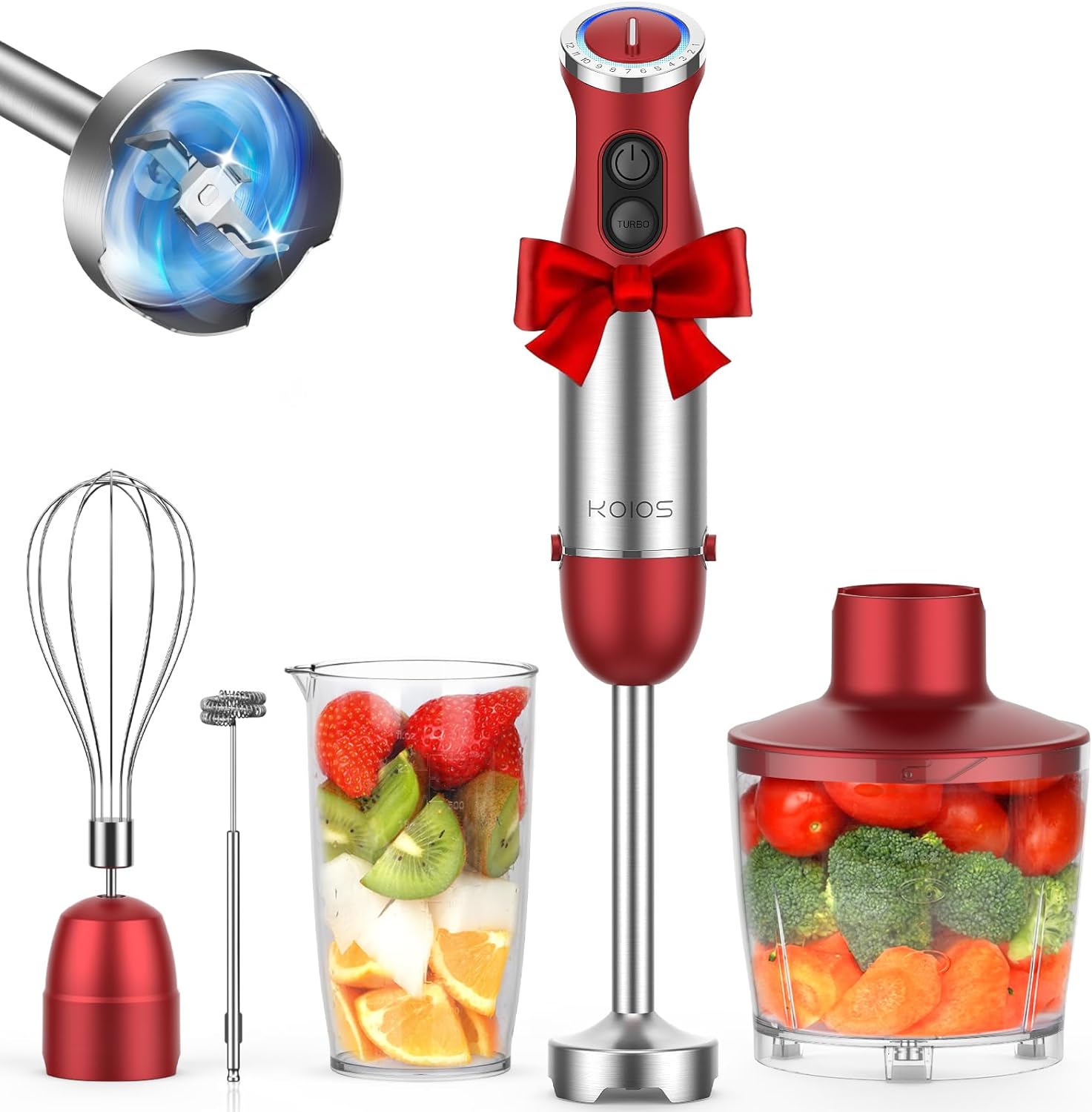 KOIOS 5-in-1 Hand Immersion Blender, 1000W 12 Speed Handheld Blender, Copper Motor Stainless Steel Blade Stick Blender,600ml Mixing Beaker,500ml Food Processor, Whisk, Milk Frother, BPA-Free, Red