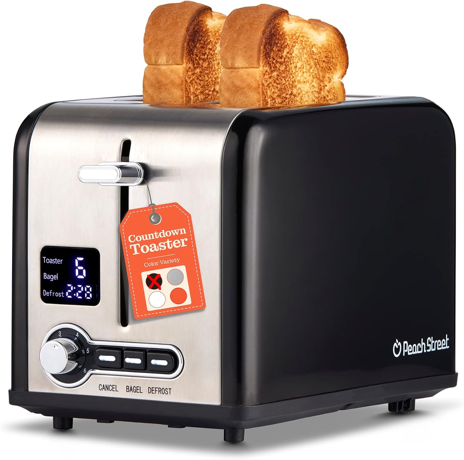 Peach Street 2 Slice Toaster Compact Bread Toaster with Digital Countdown, Wide Slots, Auto-Pop Stainless Steel, 6 Browning Levels, Removable Crumb Tray, with Defrost, Bagel, and Cancel Function