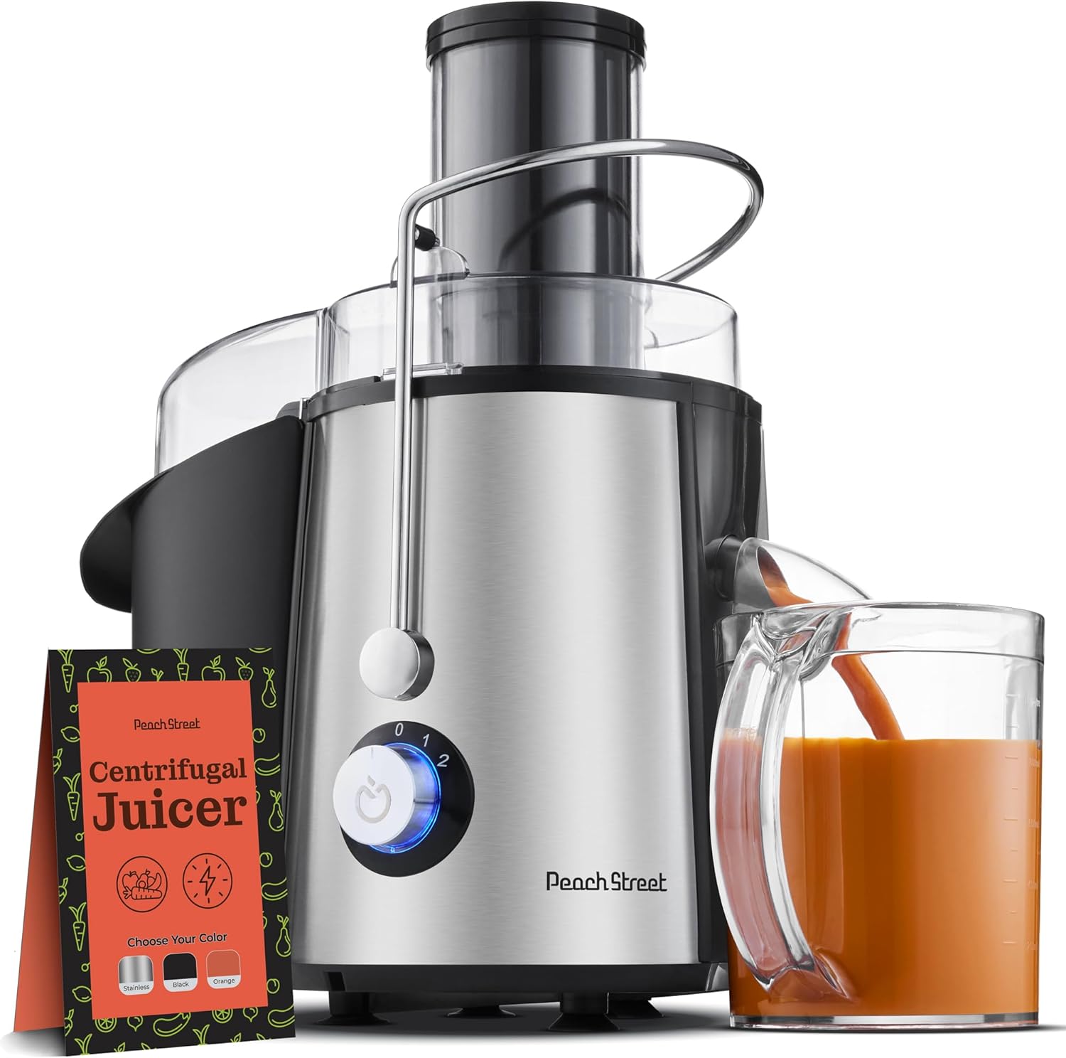 Peach Street Centrifugal Juicer 700W Juice Extractor Juicing Machine, 3 Wide Feeder for Whole Fruits, Vegetable, with Micro-Mesh Filter Easy to Clean, Stainless Steel