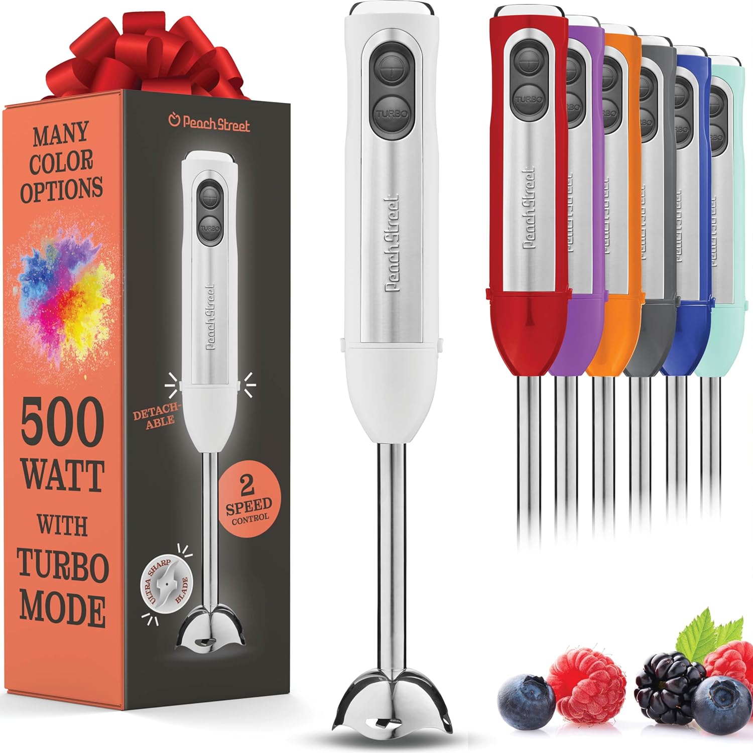 Powerful Immersion Blender, Electric Hand Blender 500 Watt with Turbo Mode, Detachable Base. Handheld Kitchen Blender Stick for Soup, Smoothie, Puree, Baby Food, 304 Stainless Steel Blades (White)