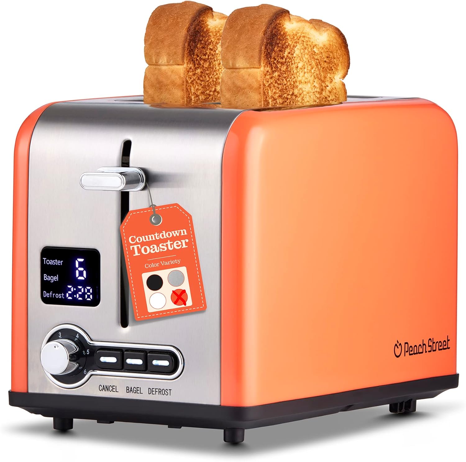 Peach Street Slice Toaster Compact Bread Toaster with Digital Countdown, Wide Slots, Auto-Pop Stainless Steel, 6 Browning Levels, Removable Crumb Tray, with Defrost, Bagel, and Cancel Function (Peach, 2 Slice)