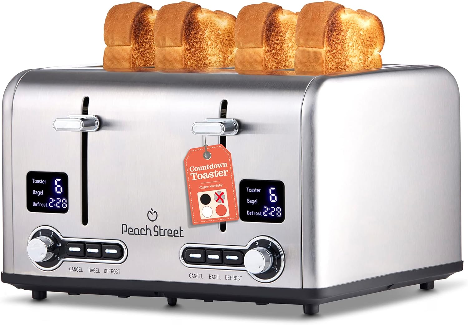 Peach Street Slice Toaster Compact Bread Toaster with Digital Countdown, Wide Slots, Auto-Pop Stainless Steel, 6 Browning Levels, Removable Crumb Tray, with Defrost, Bagel, and Cancel Function (Stainless Steel, 4 Slice)