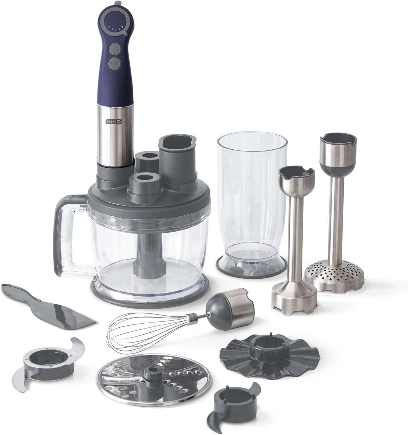 Dash Chef Series Deluxe Immersion Hand Blender, 5 Speed Stick Blender with Stainless Steel Blades, Dough Hooks, Food Processor, Grate, Mash, Slice, Whisk Attachments and Recipe Guide  Midnight