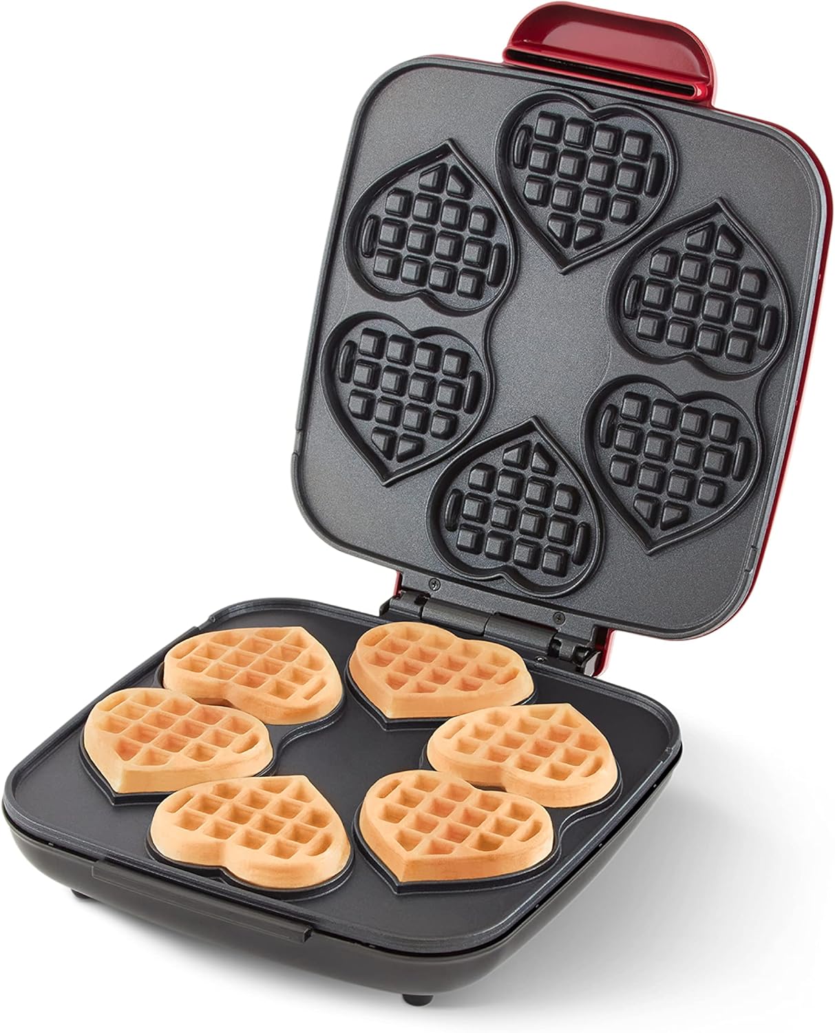 DASH Multi Mini Heart Shaped Waffle Maker: Six Mini Waffles, Perfect for Families, Dual Non-stick Surfaces with Quick Release & Easy Clean - Red Heart