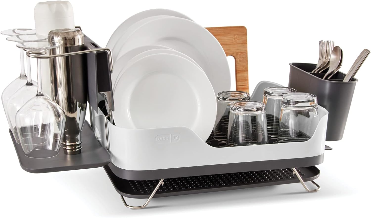 DASH SmartStore Full Size Dish Rack  Plates, Cups, Utensil Holder, Knife Slot, Drainage Spout + Drying Mat  White