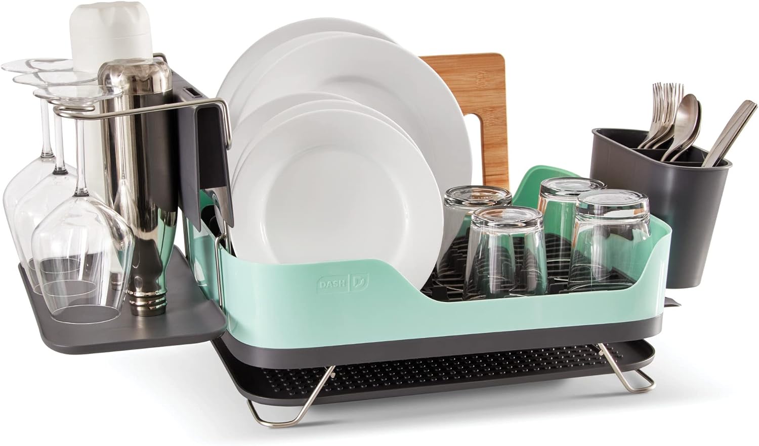 DASH SmartStore Full Size Dish Rack  Plates, Cups, Utensil Holder, Knife Slot, Drainage Spout + Drying Mat  Aqua