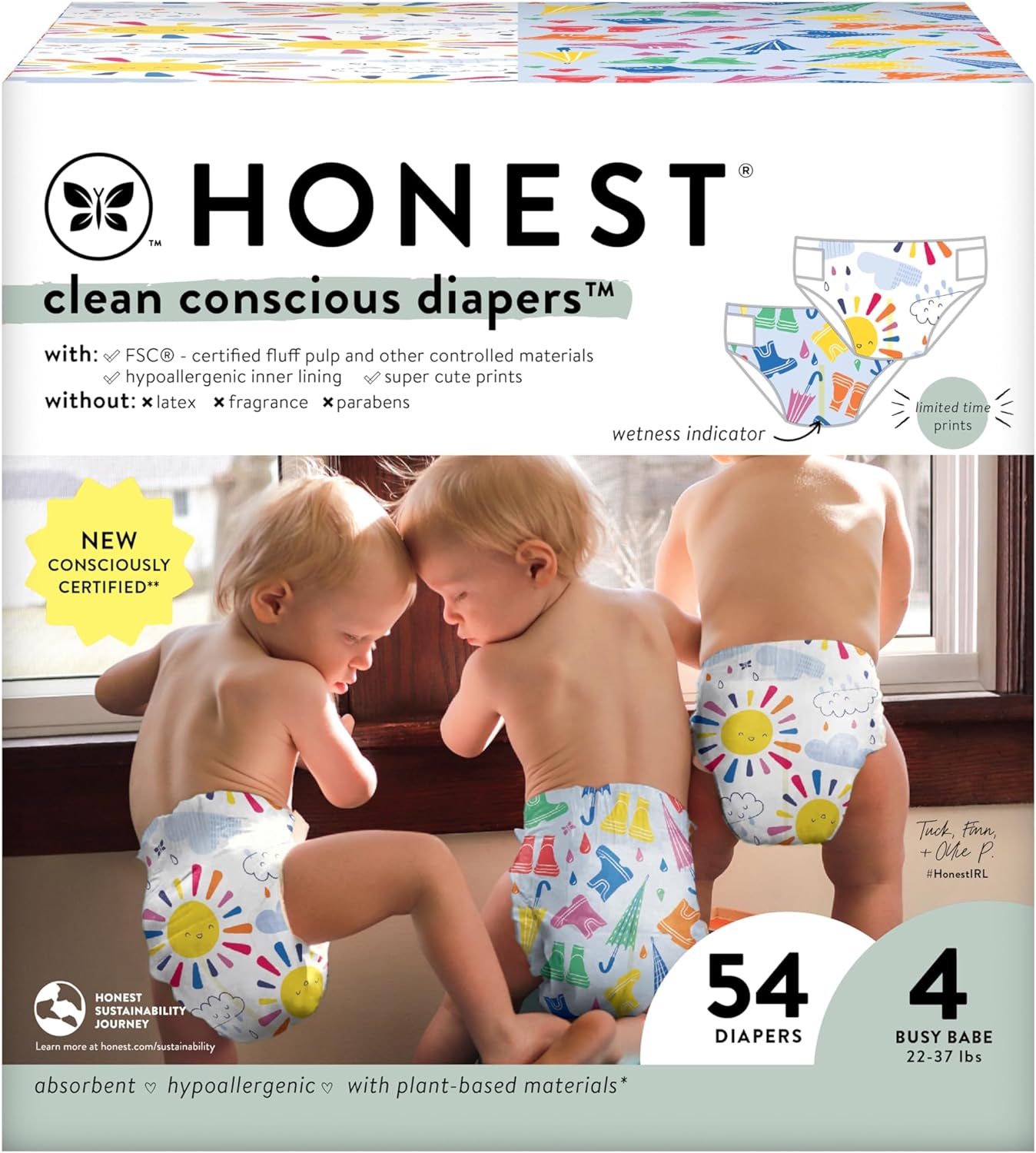 The Honest Company Clean Conscious Diapers | Plant-Based, Sustainable | Limited Edition Prints | Club Box, Size 4 (22-37 lbs), 54 Count
