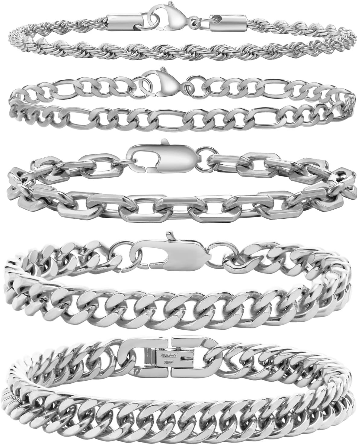 VNOX 5 Pcs Chain Bracelet for Men Women - Sturdy Stainless Steel Curb Width Cuban Link Chain Bracelet Set for Men Women,6.5/7/7.4/8.2/9 Inches