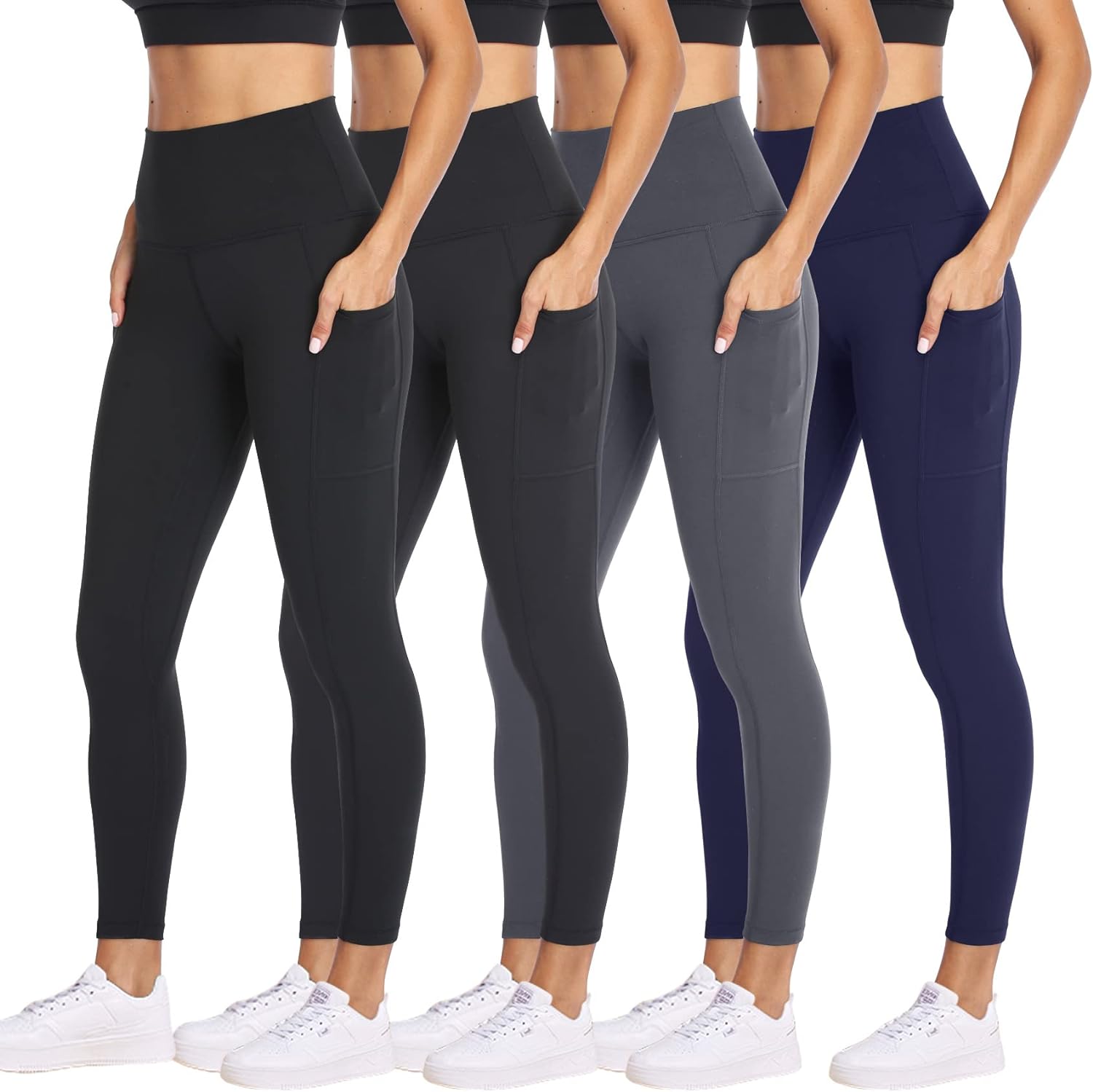 NexiEpoch 4 Pack Leggings for Women with Pockets- High Waisted Tummy Control for Workout Running Yoga Pants Reg & Plus Size