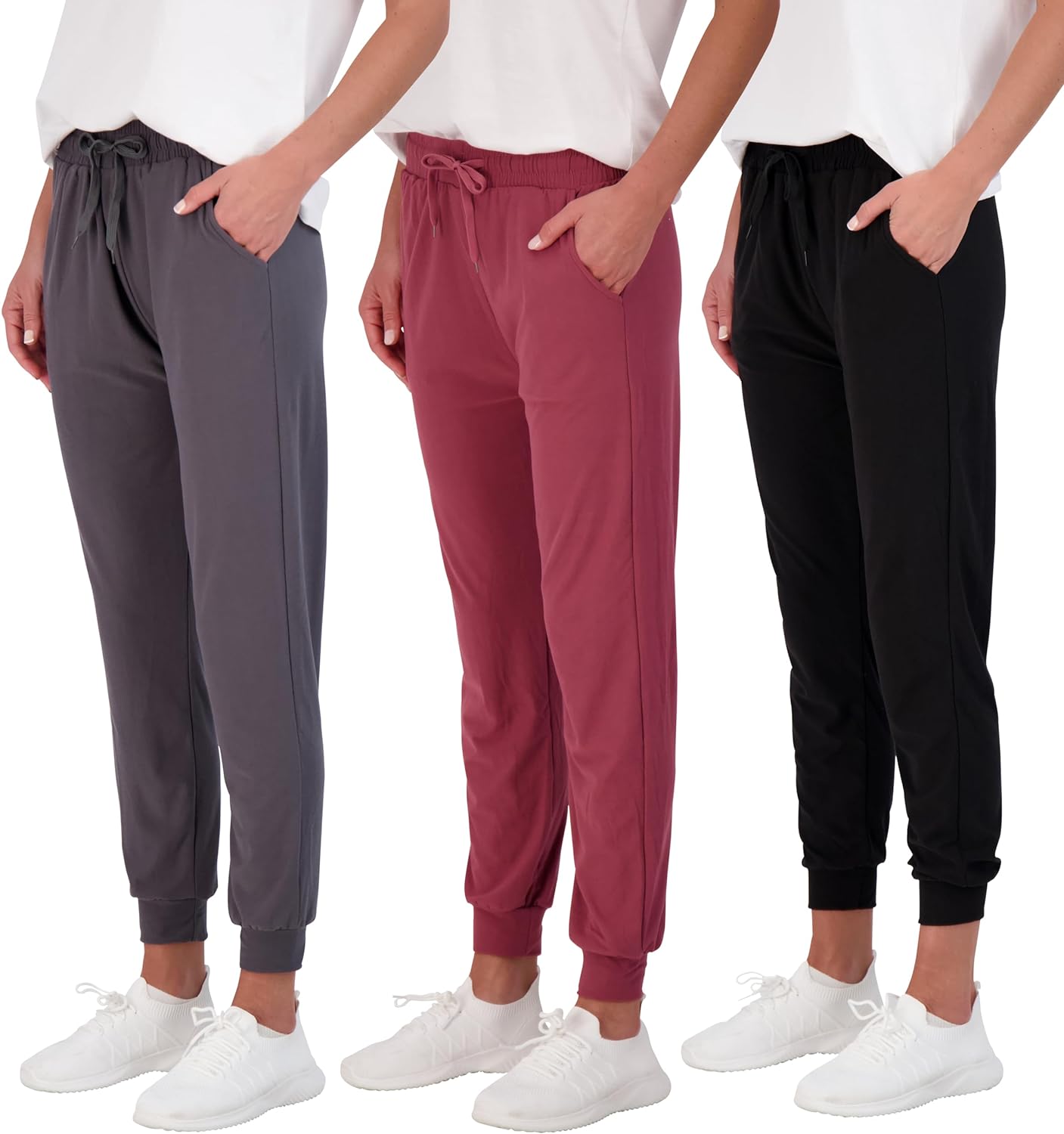 Real Essentials 3 Pack: Women' Ultra-Soft Lounge Joggers Athletic Yoga Pants with Pockets (Available in Plus Size)