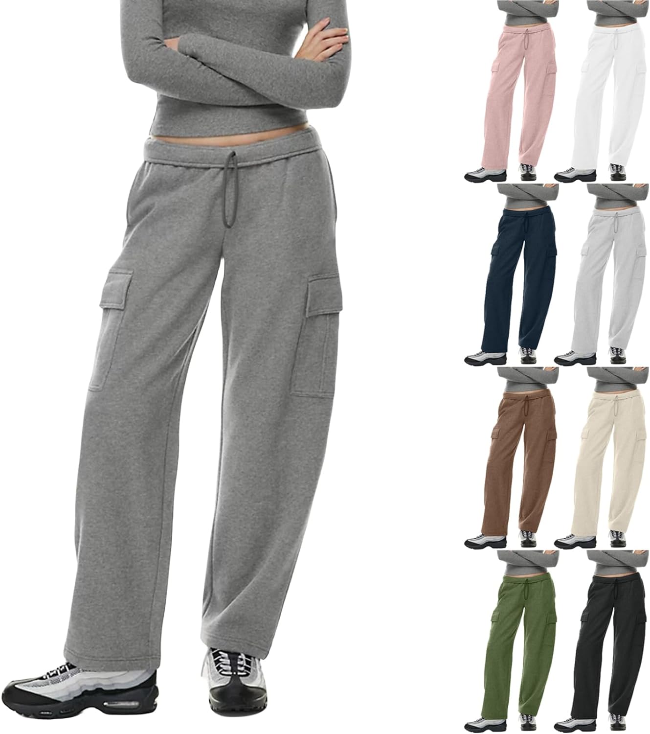 Womens Cargo Sweatpants Casual Baggy Wide Leg Sweatpants High Waisted Drawstring Straight Leg Joggers Pants