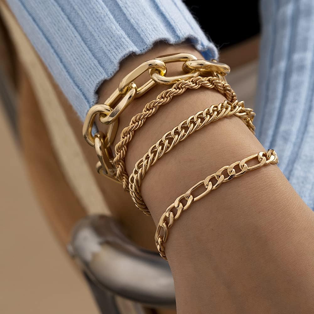 JWICOS Gold Boho Stacking Chunky Bangle Bracelet for Women and Girls Flat Mariner Bracelet Cuban Chain Bracelet Set Cut Rope Chain Bracelet for Women and Girls Gift Set of 4