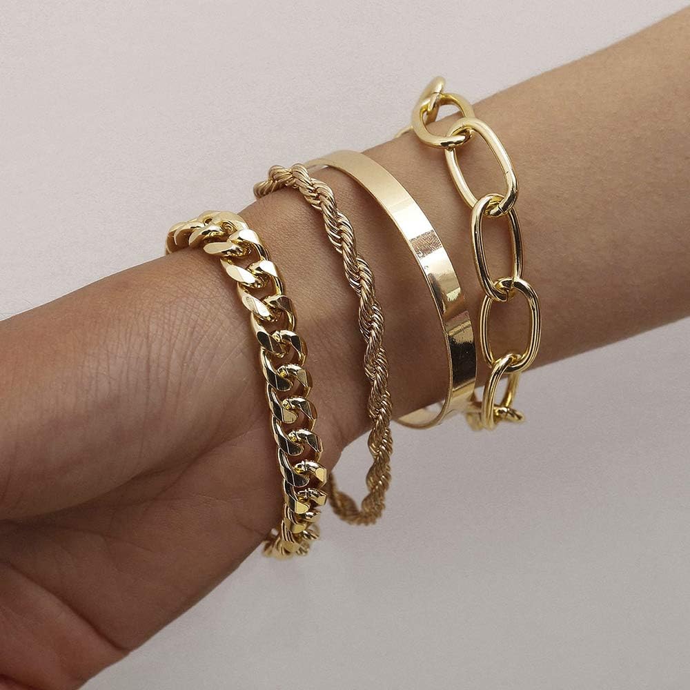 fxmimior Dainty Boho Gold Silver Chain Bracelets Set for Women Adjustable Fashion Beaded Chunky Flat Cable Chain Punk Bracelets Jewelry for Women Girls Gift Set of 4