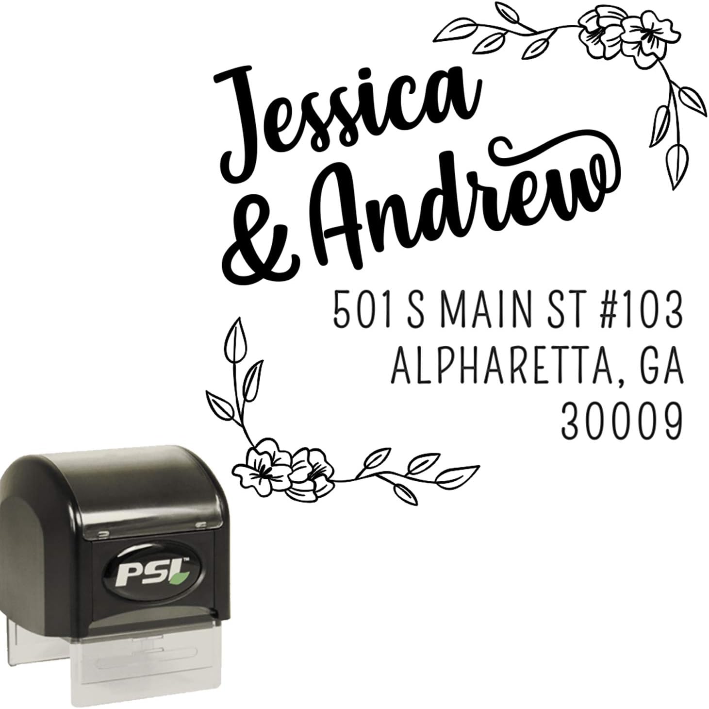 Address Stamp for Wedding Invitations and RSVP Cards, Business - Self Inking Custom Rubber Stamper - Floral- Black Ink