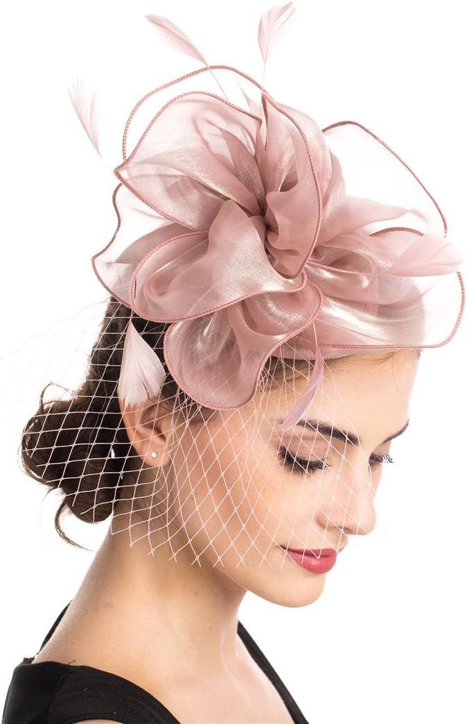 SAFERIN Fascinator for Women Hair Clip Hat Bowler Feather Flower Veil Wedding Party Hat Tea Hat