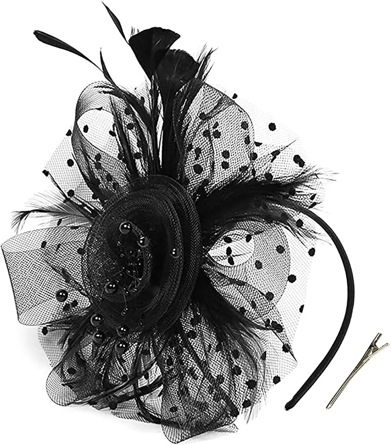 Durzasvo Women' Fascinators Tea Party Wedding Derby Mesh Flower Pearl Feather Fascinator Hat with Headband and Clip