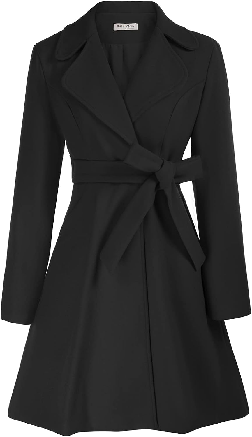 Kate Kasin Women A Line Peacoat Dress Coat Belted Notch Lapel Overcoat Fall Winter Trench Coats