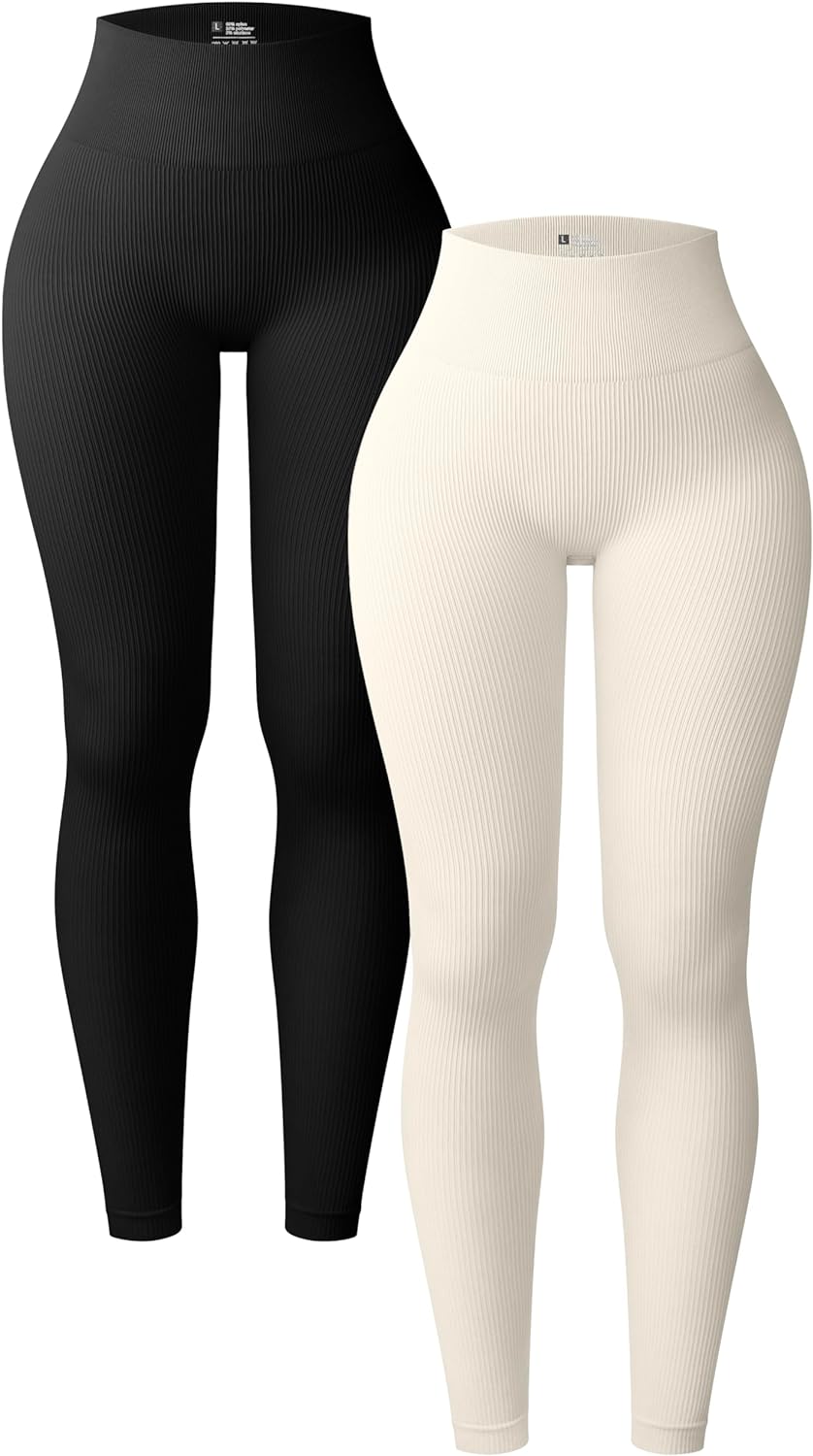 OQQ Women' 2 Piece Yoga Leggings Ribbed Seamless Workout High Waist Athletic Pants