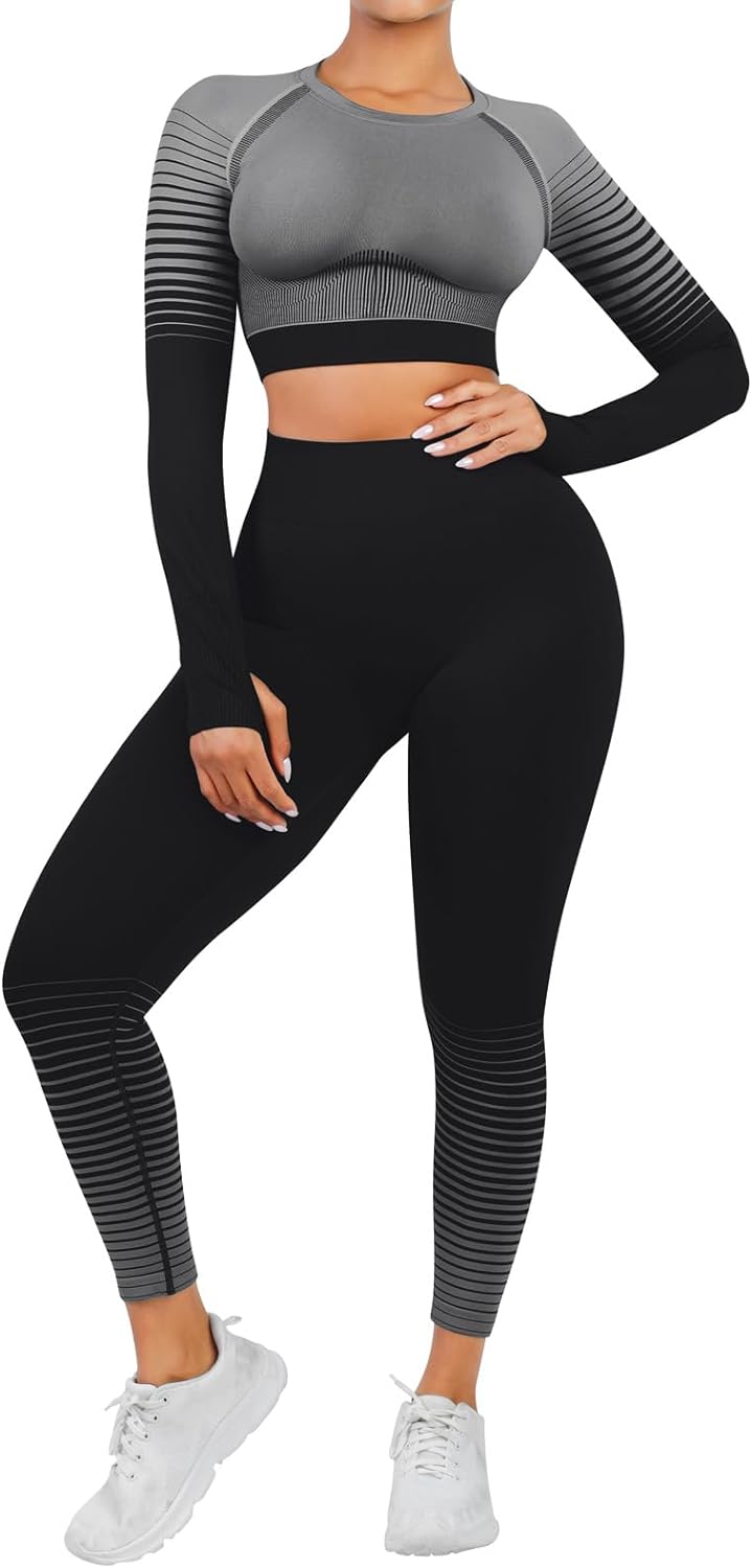 FeelinGirl Workout Sets for Women 2 Piece Seamless Long Sleeve Crop Tops Seamless Ribbed Outfits High Waist Leggings