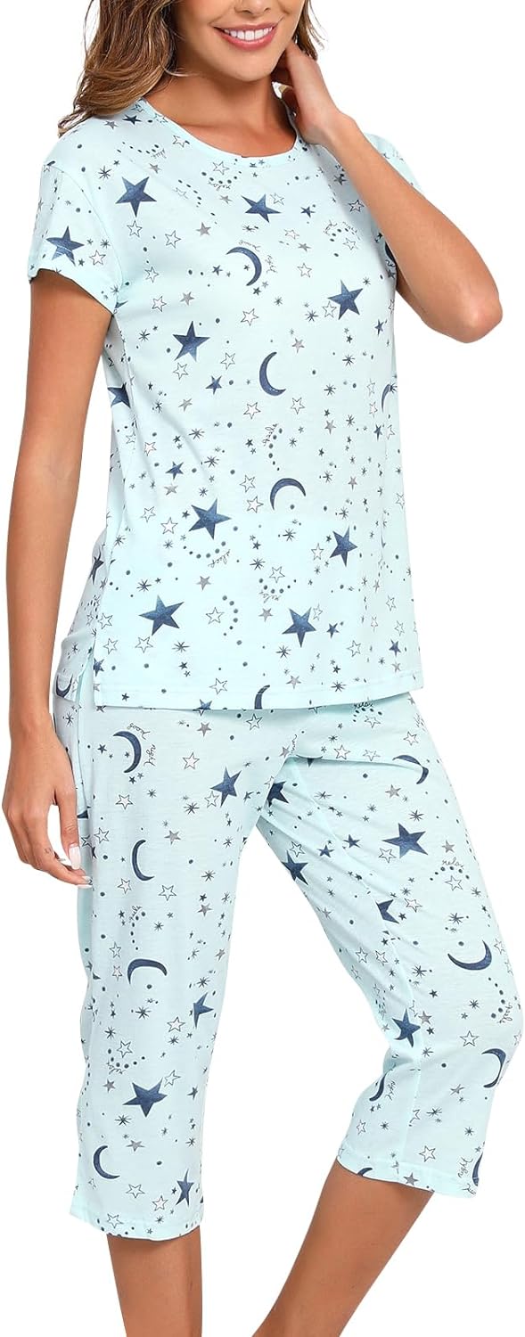 PNAEONG Womens Pajama Set - Sleepwear Tops with Capri Pants Casual and Fun Prints Pajama Sets SY215-Purple-XL