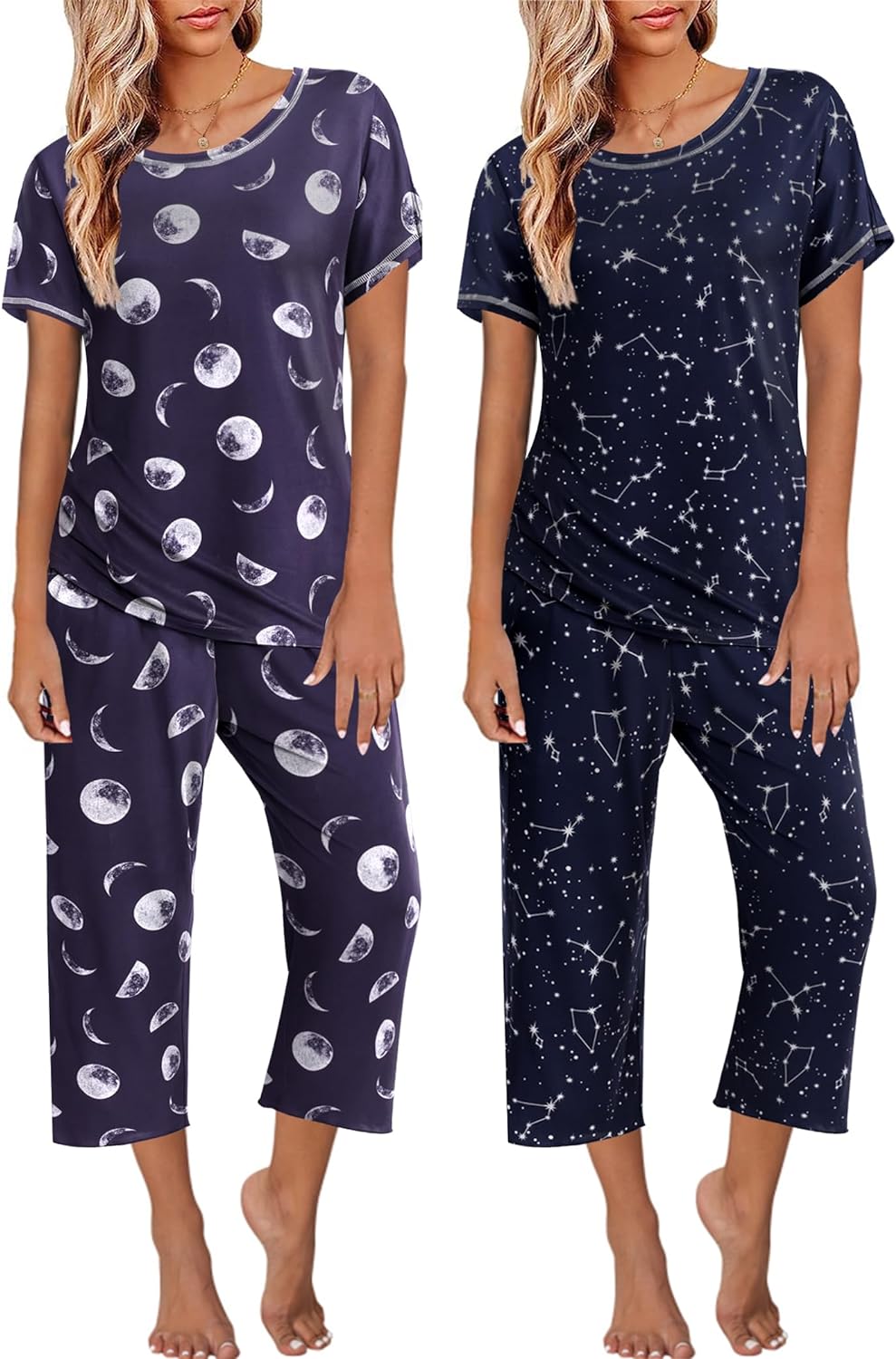 Ekouaer 2 Pack: Womens Pajamas Short Sleeve Sleepwear Tops and Capri Pants Pjs Print Pajama Sets with Pockets S-XXL