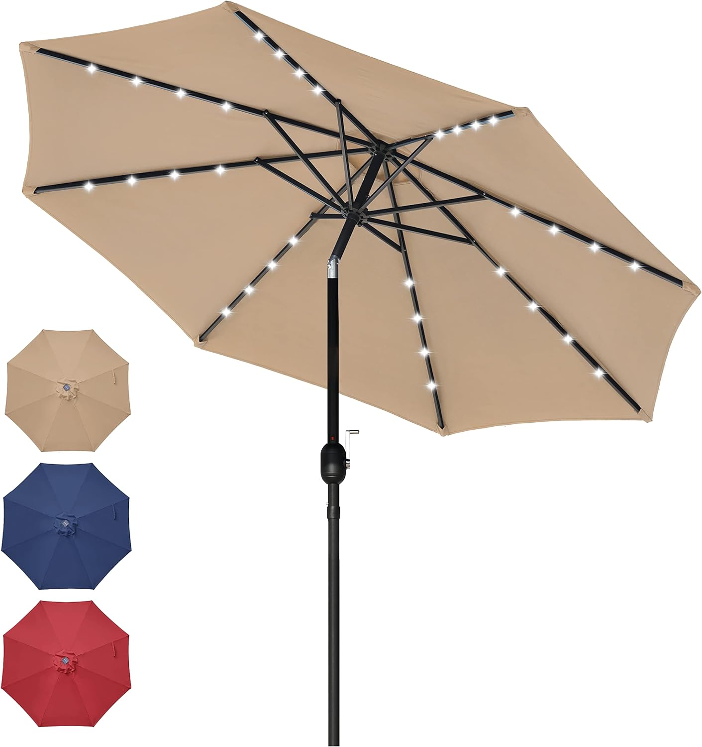 Simple Deluxe 9' Solar Umbrella 32 LED Lighted Patio Umbrella Table Market Umbrella with Push Button Tilt/Crank Outdoor Umbrella for Garden, Deck, Backyard and Pool