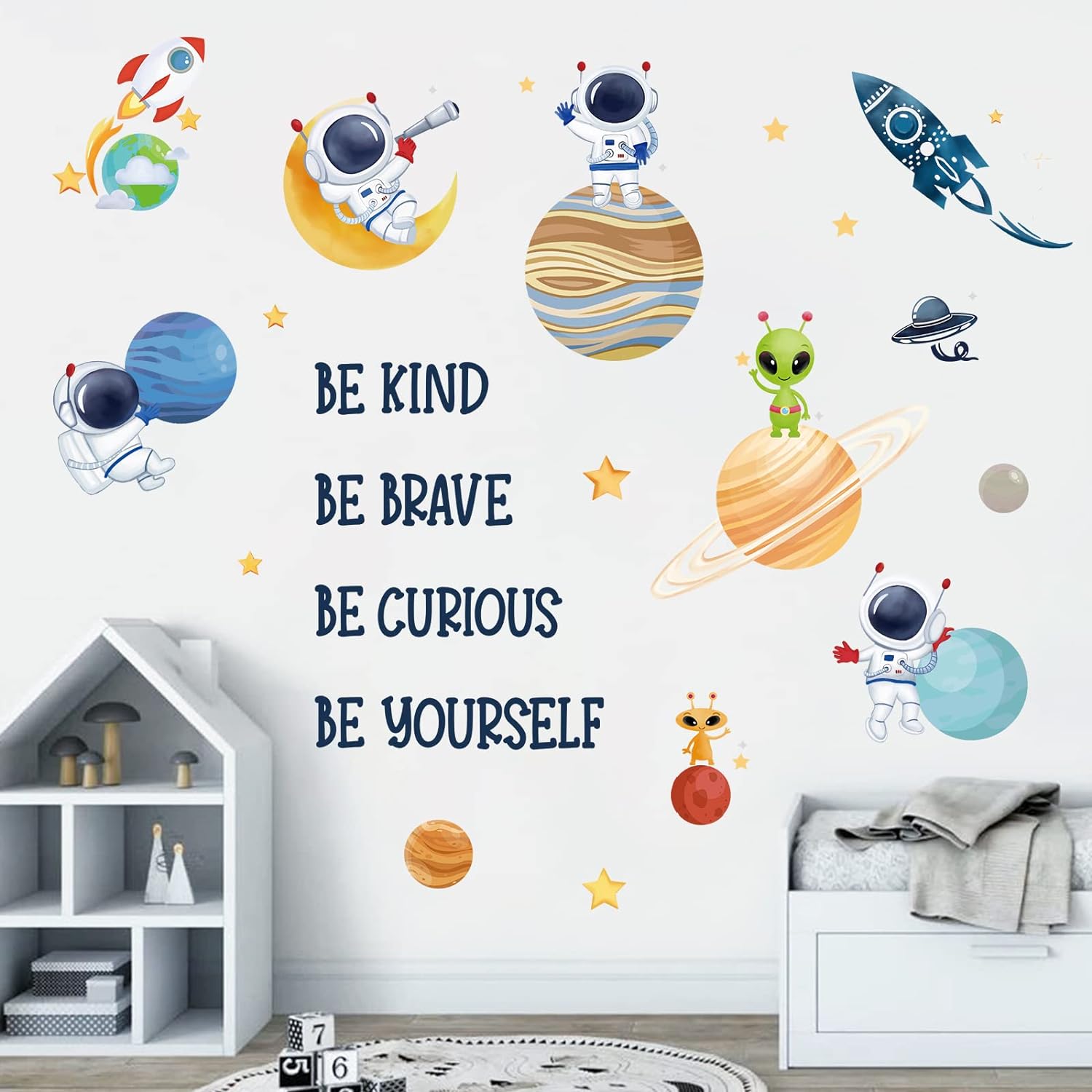 wondever Planets Outer Space Wall Stickers Be Kind Be Brave Inspirational Quote Astronaut Peel and Stick Wall Art Decals for Baby Nursery Kids Bedroom Playroom