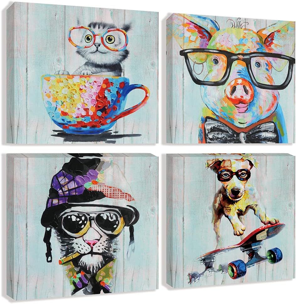 Funny Colorful Animal Canvas Wall Art Print Paintings 4 Pieces Cartoon Cute Cat Pig Dog with Glasses Pictures Artwork for Nursery Kids Bedroom Animal Dcor